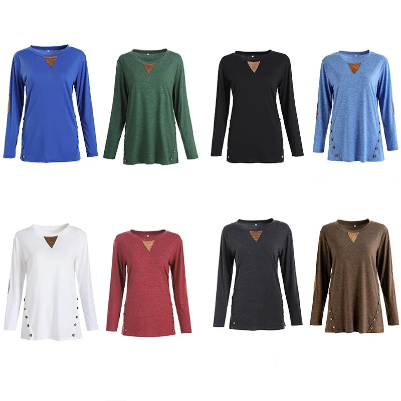 

NewEBay European And American Foreign Trade Autumn New Round Neck Long-sleeved Button Patch Decorative T-shirt Women Casual Full