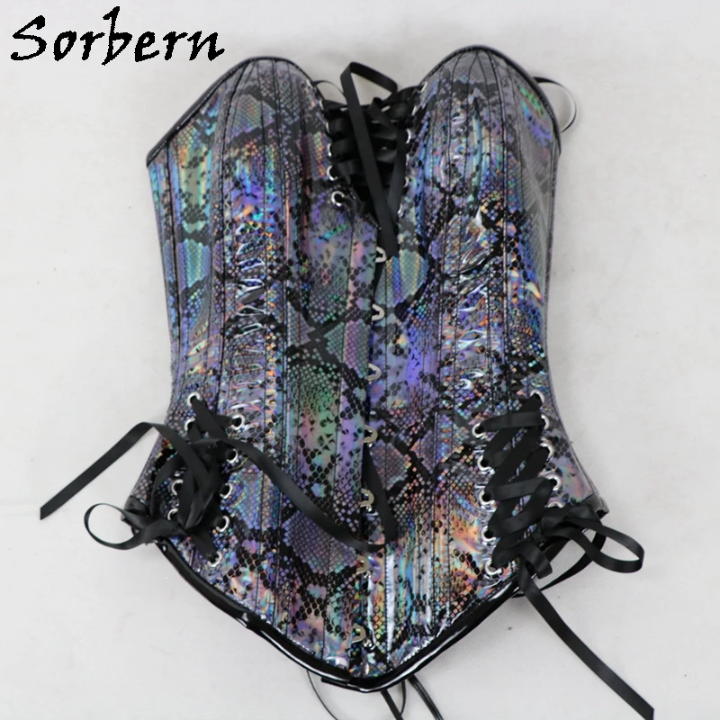 

Sorbern Custom Holo python Corset Women Fetish U-Shaped Cup Support Breast Steel Corset With Corset Lace Up Back Hourglass