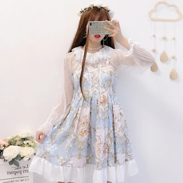 Женское платье в стиле Харадзюку летнее Осеннее милое Бандажное с цветочным