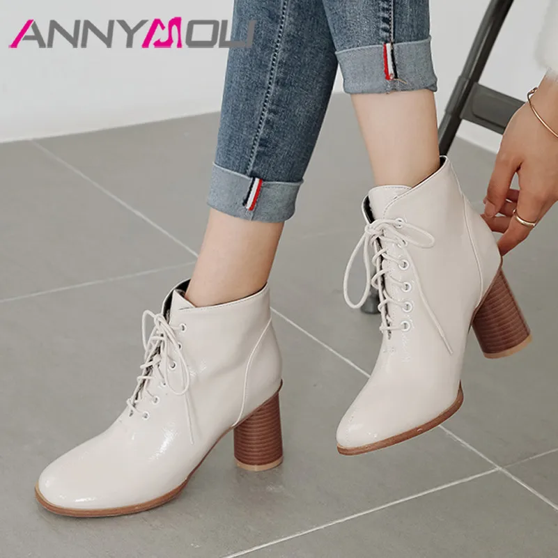 Ботильоны женские из лакированной кожи на высоком каблуке шнуровке размеры 3