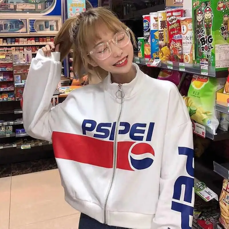 Ulzzang уличный стиль, толстовка на молнии, большие размеры, женская одежда Kpop, осень, Pepsi, графический Укороченный свитшот, женские белые топы