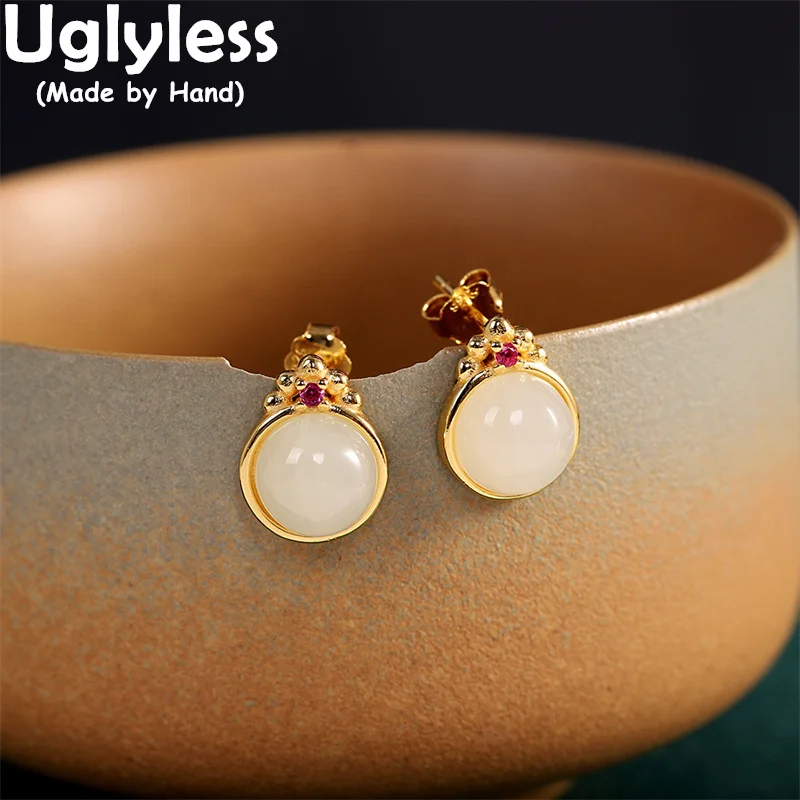 

Uglyless Minimalist MINI Gemstones Studs Earrings for Women Hotan Natural Jade Earrings Real 925 Sterling Silver Floral Brincos