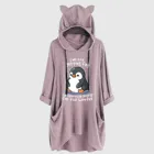 Женский свитшот средней длины с ушками, милый Свободный пуловер с капюшоном и принтом милых пингвинов, винтажная толстовка с капюшоном
