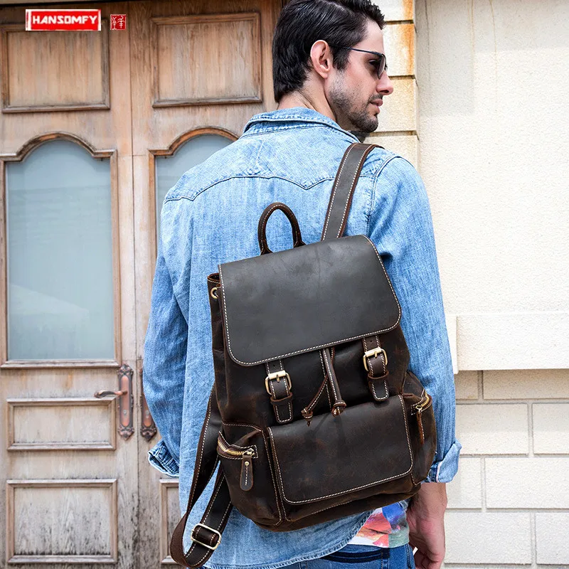 Мужской рюкзак из натуральной кожи в стиле ретро сумка на плечо для ноутбука