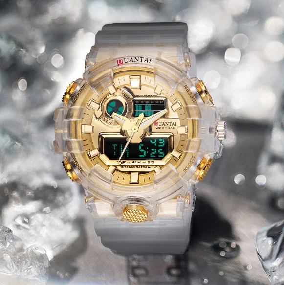 

Спортивные часы Duantai с прозрачным пластиковым ремешком, светящиеся многофункциональные часы для влюбленных с двойным дисплеем, ударопрочн...