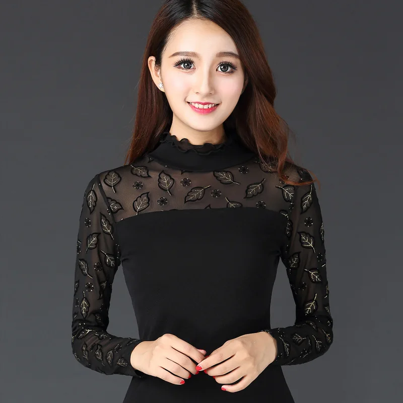 мода футболка Высокий воротник чистая пряжа Сращивание женская Похудение