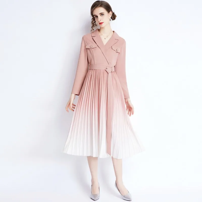 

2021 элегантный корейский модный женский костюм с лацканами платье из двух частей с имитацией имитации и поясом высококачественное длинное п...