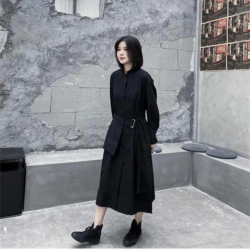 Ladies A-Word Skirt Long Sleeve Shirt Skirt Autumn New Small Stand Collar Pure Color Belt Buckle Design Intellectual Women Skirt