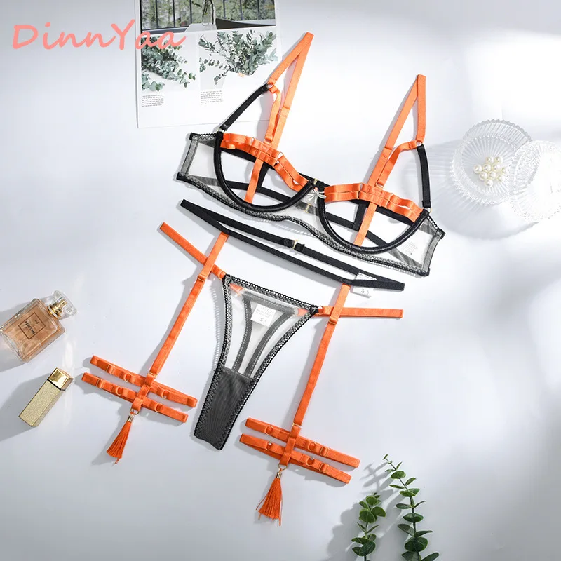 

Open Cup Lace Lingerie Women Patchwork Double Color Underwear Exotic Costumes See Trough Robe Sets Push Up Bra and Panty 3 Piece