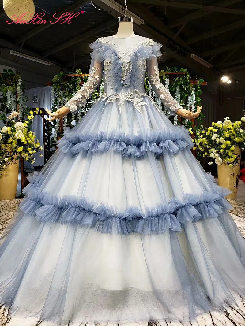 

AnXin SH Luxury princess blue flower lace beading crystal illusion o neck long sleeve ruffles wedding dress 100% real photos