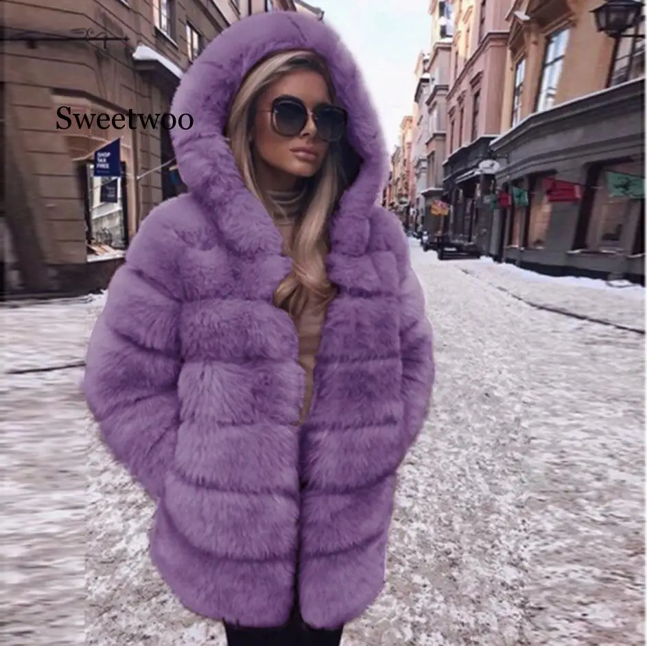 Women Fashion Luxury Faux Fur Coat Hooded Autumn Winter Warm Overcoat Woman Warm Fake Fur Solid color Coats Female Ladies