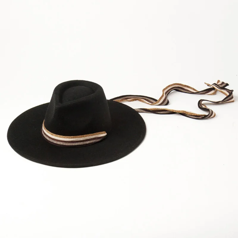 Для женщин шляпа с широкими полями теплая шерстяная шляпа Fedora Ретро Стиль ремень Панама лента для шляпы зимняя Свадебная вечеринка церкви Дерби мягкие шляпы женская шапка - Цвет: Черный