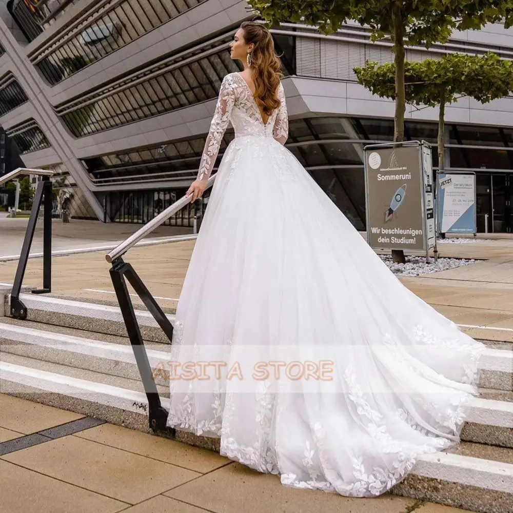 

V Neck Weddding Dresses 2021 Long Sleeves Backless Lace Tulle Appliques Sweep Train A-Line Bridal Gowns Vestidos De Novia