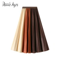dazzle ages autumn winter women long pleated midi skirts fashion vintage color contrast high waist casual slim female clothes