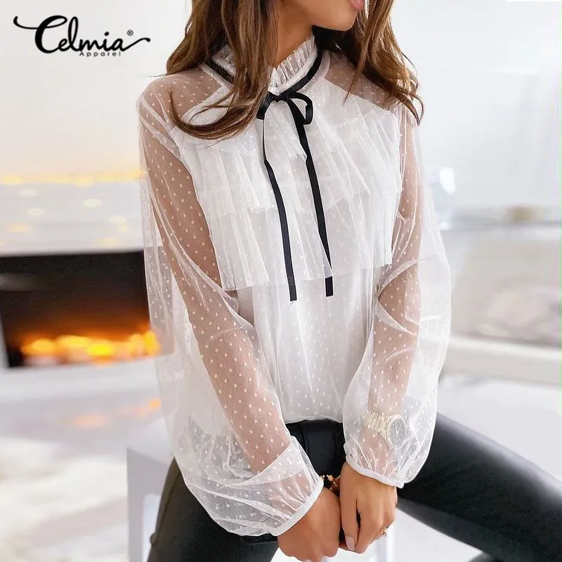 

Celmia 2021 Autumn Women Polka Dot Mesh Blouse Sexy See-Through Sheer Shirt Lantern Sleeve Party Office Tops Fashion Lace Blusas