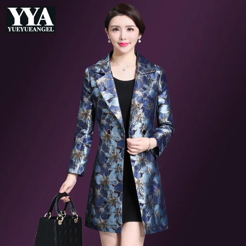 Женское длинное пальто с цветочным принтом облегающий двубортный винтажный