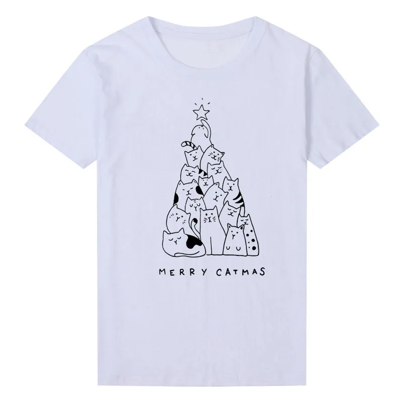 Забавный принт Китти деревья Kawaii фестиваль футболка Девушки Дамы новогодние