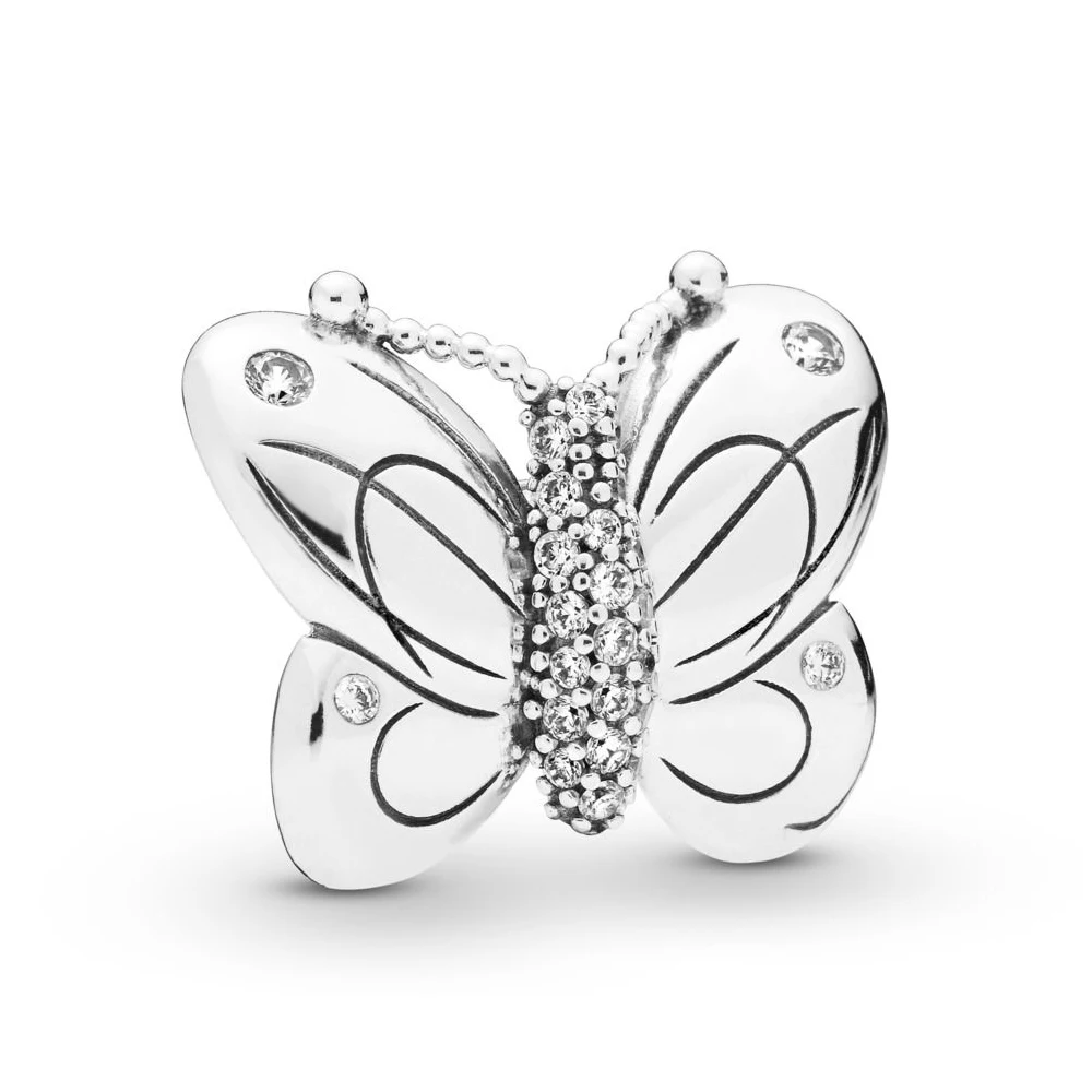 

100% 925 Sterling Silver Decorative Butterfly Charm Clear CZ Beads Fits Original Pandora Bracelet Women DIY Jewelry Gift bijoux