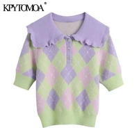 kpytomoa women 2021 fashion ribbed trims argyle knitted sweater vintage short sleeve button up female pullovers chic tops