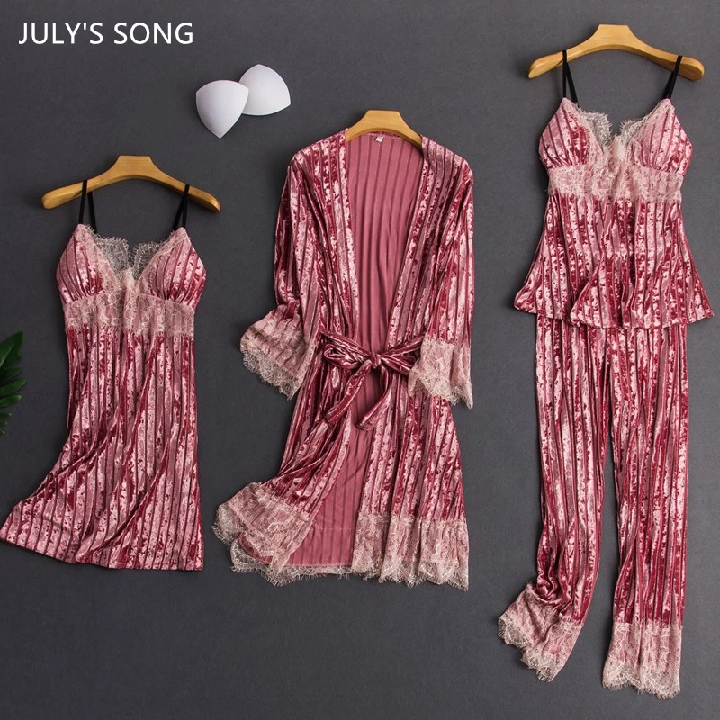 

JULY'S SONG NEW Velvet 4 Pieces Pajamas Set Fashion Stripe Elegant Warm Sexy Lace Sling Pajamas Autumn Winter Sleepwear Female