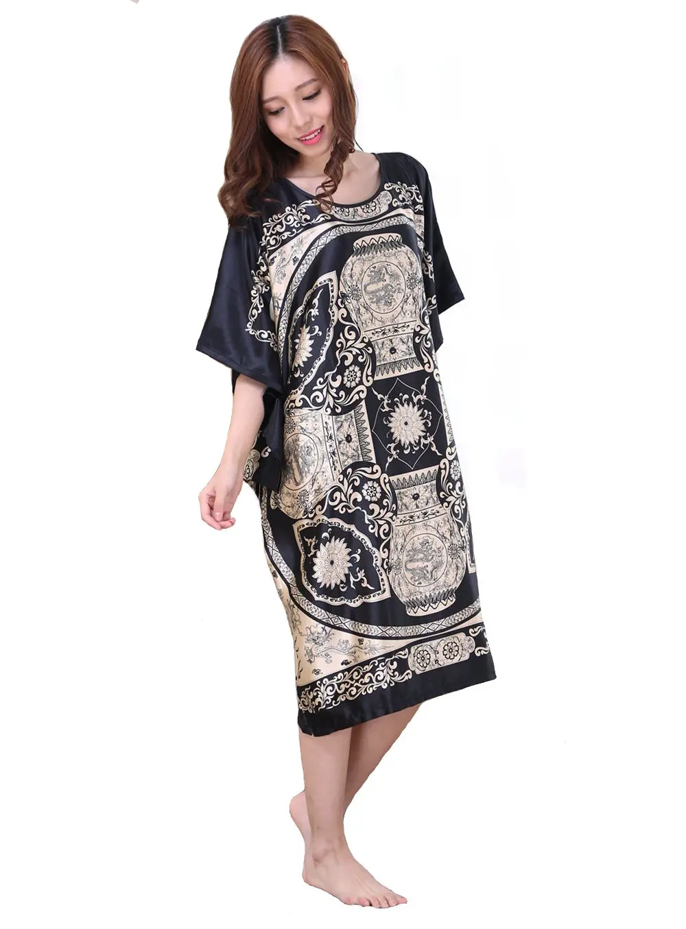 Plus Size Summer Women's Faux Silk Nigh Robe Black Lady Bath Gown Nightgown Bathrobe Sleepwear Mujer Pijama Flower Zh07C | Женская