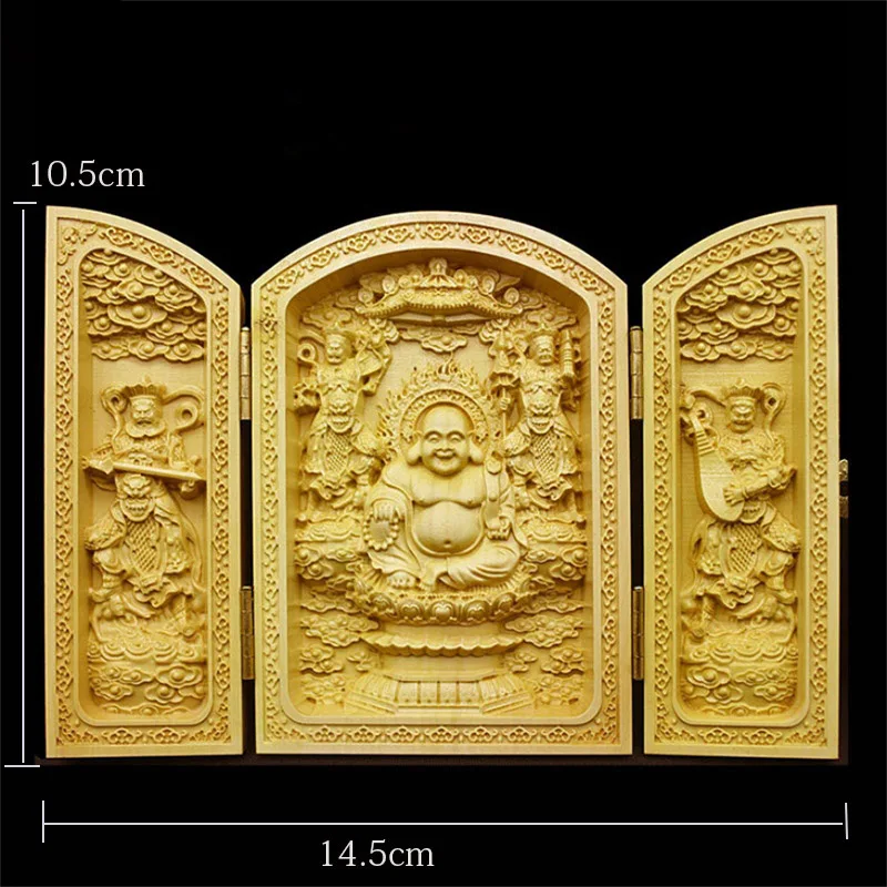 Китайский скульптура Будды статуя чистый резьба по дереву 3 открытых складной