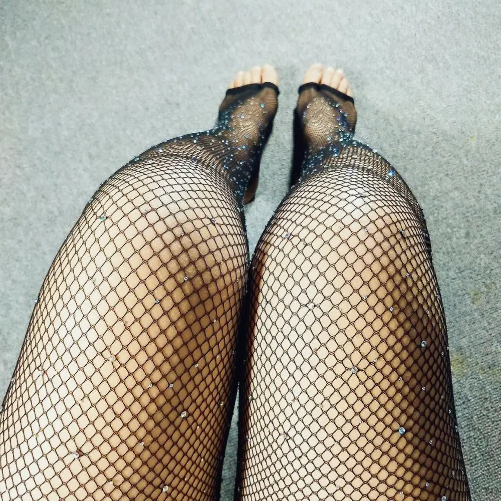 Женские прозрачные стразы Сетчатые эластичные чулки с открытым носком блестящие