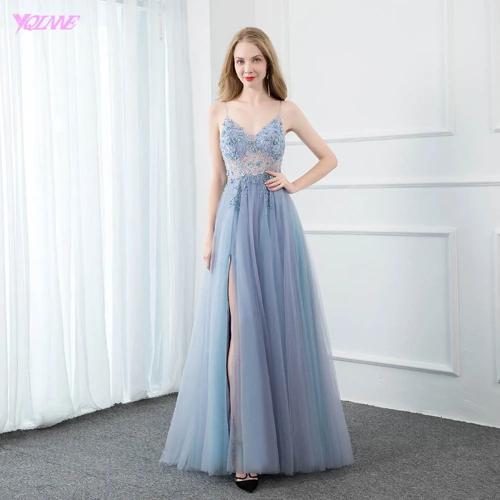 Сексуальные Длинные вечерние платья YQLNNE небесно голубого цвета с бисером