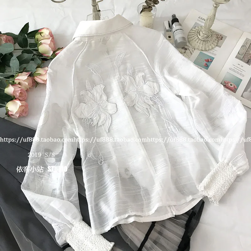 Новая весенняя женская элегантная рубашка с цветочной вышивкой и жемчужинами