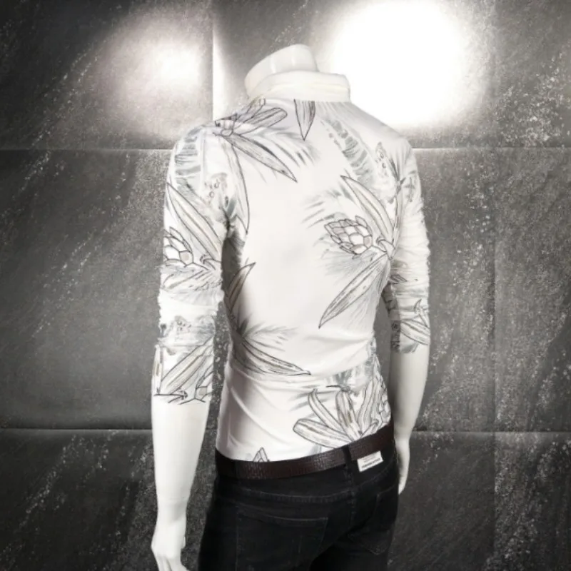 

Korean Style Slim Fit T-Shirt Men Print Lapel Long-Sleeve Pullover Elasticity Cotton Tops Spring Autumn Fashion New Black White