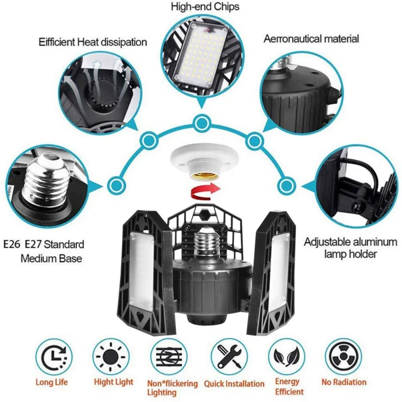 LED Garage Light With PIR Motion Sensor Workshop Lamp Deformed Folding Chandelier Mining Factory Lights with Radar | Освещение