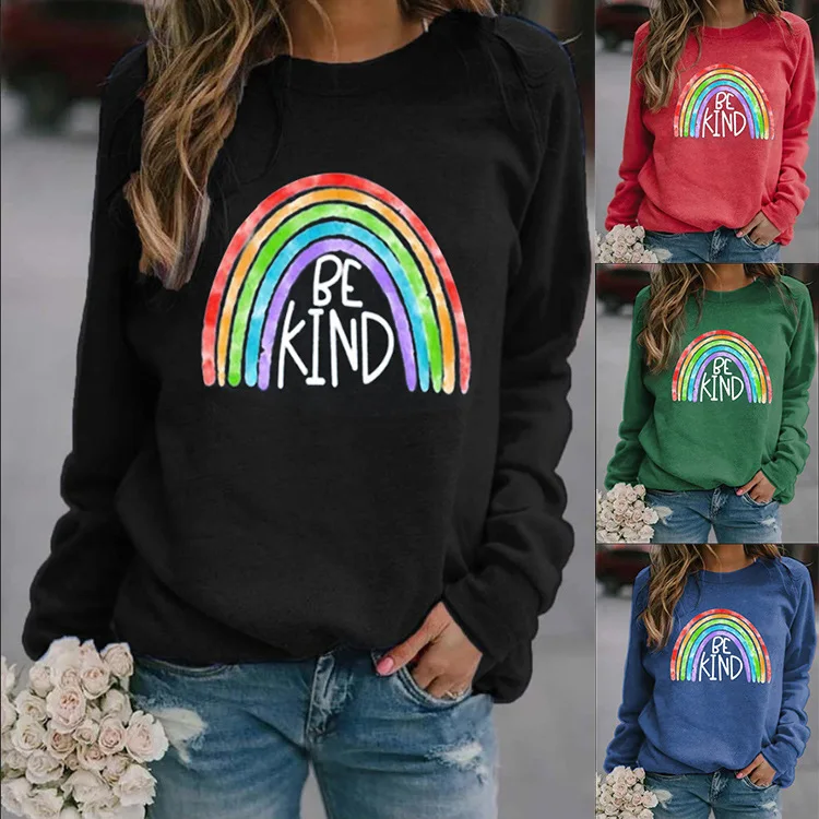 

2021 New European And American Women's Clothing Top Loose Rainbow Bekind Printed Round Neck Long Sleeve Sweater