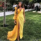 Женские вечерние платья, желтые, с разрезом по бокам, в арабском стиле, с длинным рукавом, вечерние платья в мусульманском стиле, 2020
