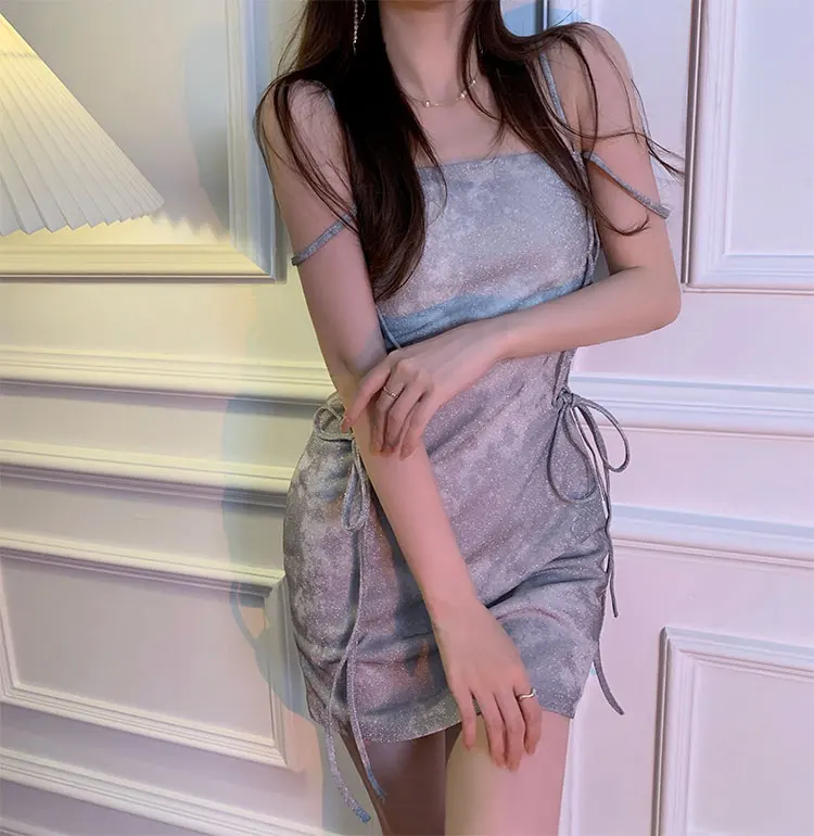 

2021 Summer New Office Lady Square Neck Tie-Dye Lace-Up Bow Pleated Spaghetti Strap Sexy Nightclub Bodycon Slim Dress Female