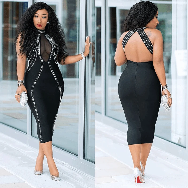 

2020 Summer New Hot Women's Hot Drilling Dress Backless Perspective Zipper Dress Sexy Nightclub Club Party Black Dress