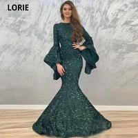 lorie dubai arabic african sequin dark green evening dresses mermaid long sleeves o neck prom dress formal party gowns plus size