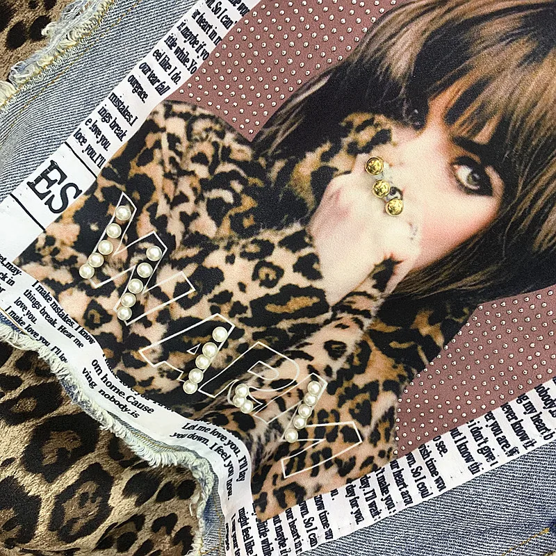 Женская джинсовая куртка с леопардовым принтом свободная бусинами в винтажном