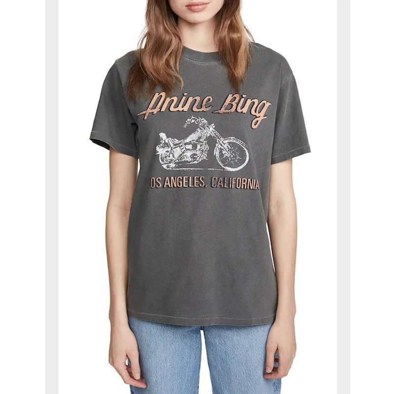 

Винтажная черная футболка из 100% хлопка с надписью Moto для женщин, модные повседневные футболки с коротким рукавом в английском стиле для лет...