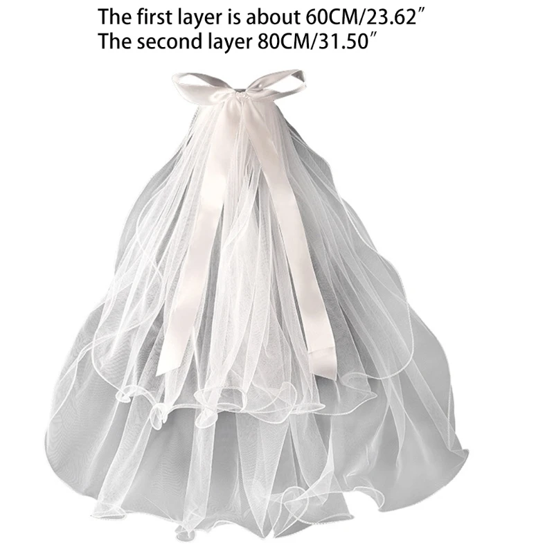 Фата свадебная с металлическими гребнями Тюлевая 2 уровня длиной до локтя для