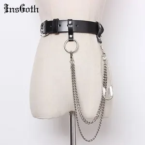 InsGoth панк металлическая цепь кожаный ремень Harajuku Y2K Готический женский черный поясной ремень в стиле Хай-стрит гранж Женская Брошь