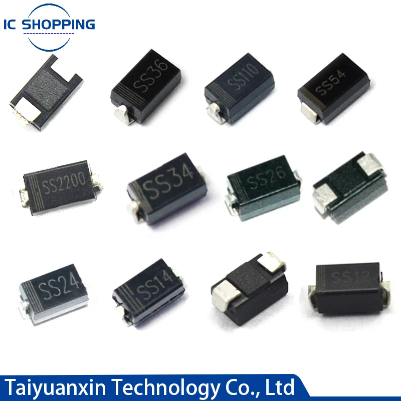 

100PCS Schottky rectifier diode SS12 SS14 SS16 SS22 SS24 SS26 SS32 SS34 SS36 SS54 SS56 SS110 SS210 SB1100 1N5817 SR360 DO-214AC