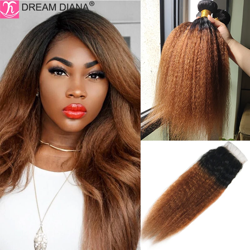 DreamDiana Remy Malaysian Kinky Straight Bundles With Closure T1B 30 Yaki Hair With Closure 100% Human Hair Bundles With Closure