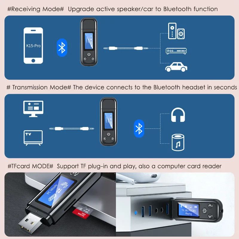 Receptor y transmisor de Audio USB con Bluetooth 5,0, Monitor LCD con batería integrada de 3,5mm, AUX, RCA, adaptador inalámbrico para TV, PC y coche, novedad de 2021-5