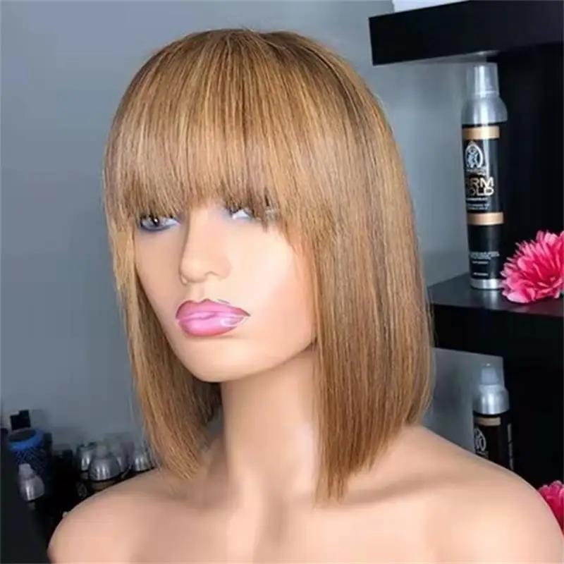 

Unextar 1B27 Colored Short Bob Machine Made Wigs Ombre Honey Blonde Full Machine Made Human Hair Wigs With Bangs For Women