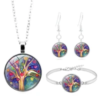 tree of life jewelry tree of life glass cabochon necklace stud earrings bracelet bangle set totally 4pcs womens jewelry set