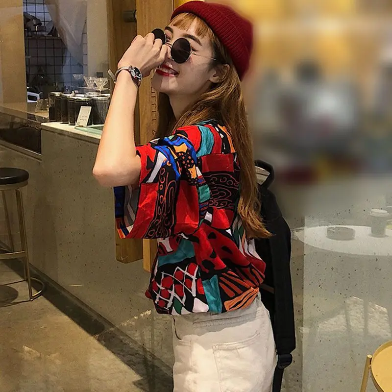 

Hawaii Style Women Print Shirt Summer Casual Short Sleeve Turn-down Collar Blouse Women Tops