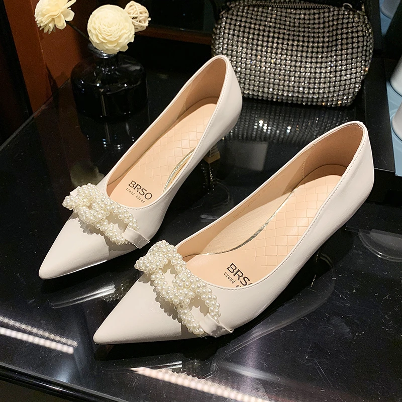 

Women Pumps Fashion Ladies Beaded High Heels Shoes Soft Leather Heels Shoes Woman Pointed Toe Non-slip Brand Plus Size