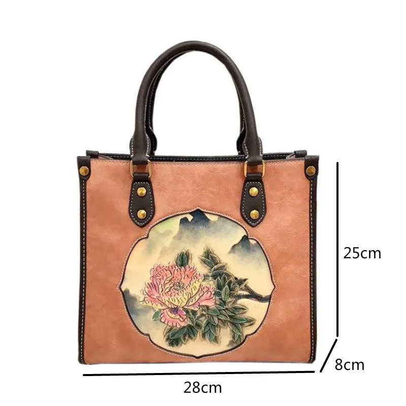 

Bestform Chinese Style Women Bag Embroidery Luxury Handbag Soft Leather Hand Painted Large Capacity Shoulder Bags Casual Tote