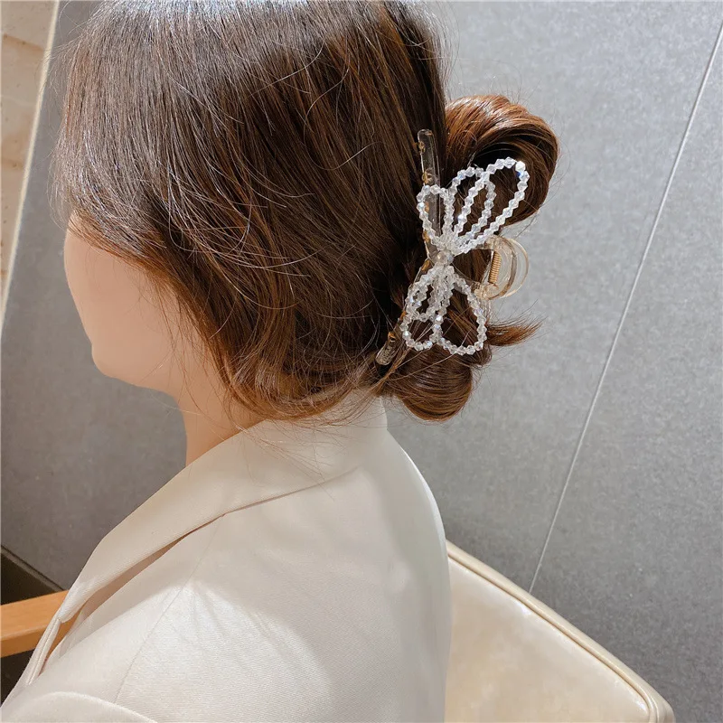 

2021 New Korean Style Sweet Girl Hairpin Imitation Crystal Beads Plastic Bow Large Hair Clip for Ladies Fashion Hair Accessories