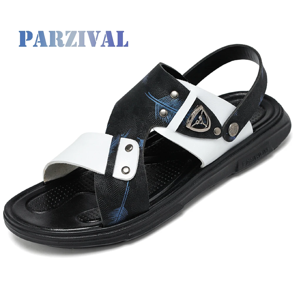 

PARZIVAL Men Leather Sandals Summer Classic Men Shoes Slippers Soft Sandals Open Toe Comfortable Outdoor Walking Sandals
